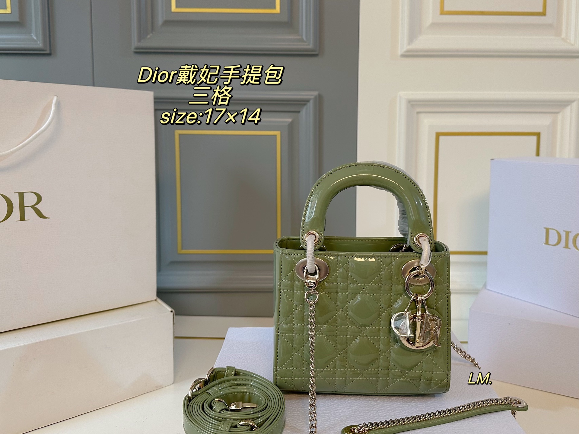 P195 三格（折叠盒）升级款

size：17×14
Lady Dior 迪奥戴妃漆皮手提包💕
以藤格纹缉面线打造醒目的绗缝细节，
时髦典雅的设计经久不衰！
斜挎帅气大方，手提精致优雅！
自带氛围感，时尚百搭yyds🖤