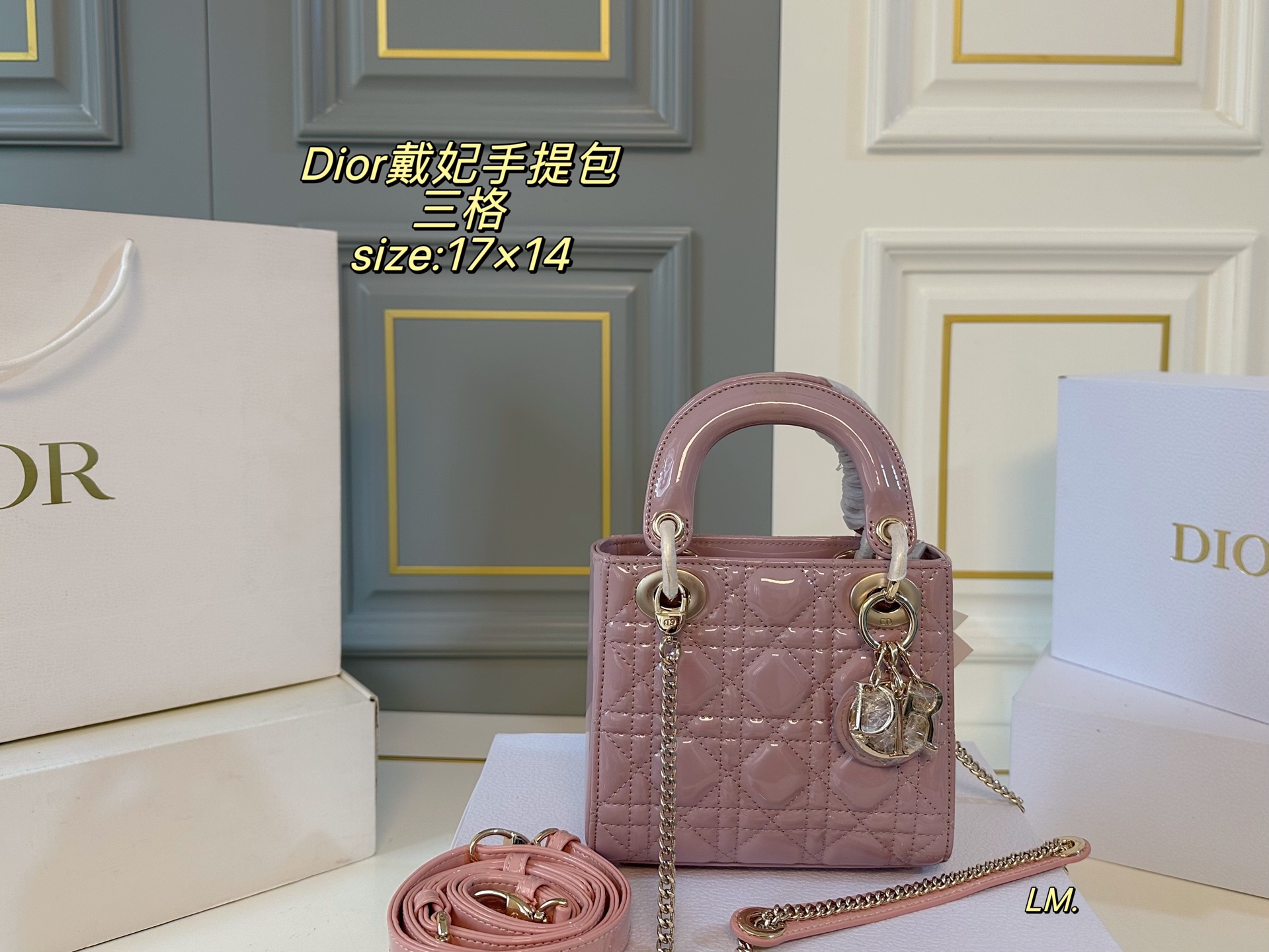 P195 三格（折叠盒）升级款

size：17×14
Lady Dior 迪奥戴妃漆皮手提包💕
以藤格纹缉面线打造醒目的绗缝细节，
时髦典雅的设计经久不衰！
斜挎帅气大方，手提精致优雅！
自带氛围感，时尚百搭yyds🖤