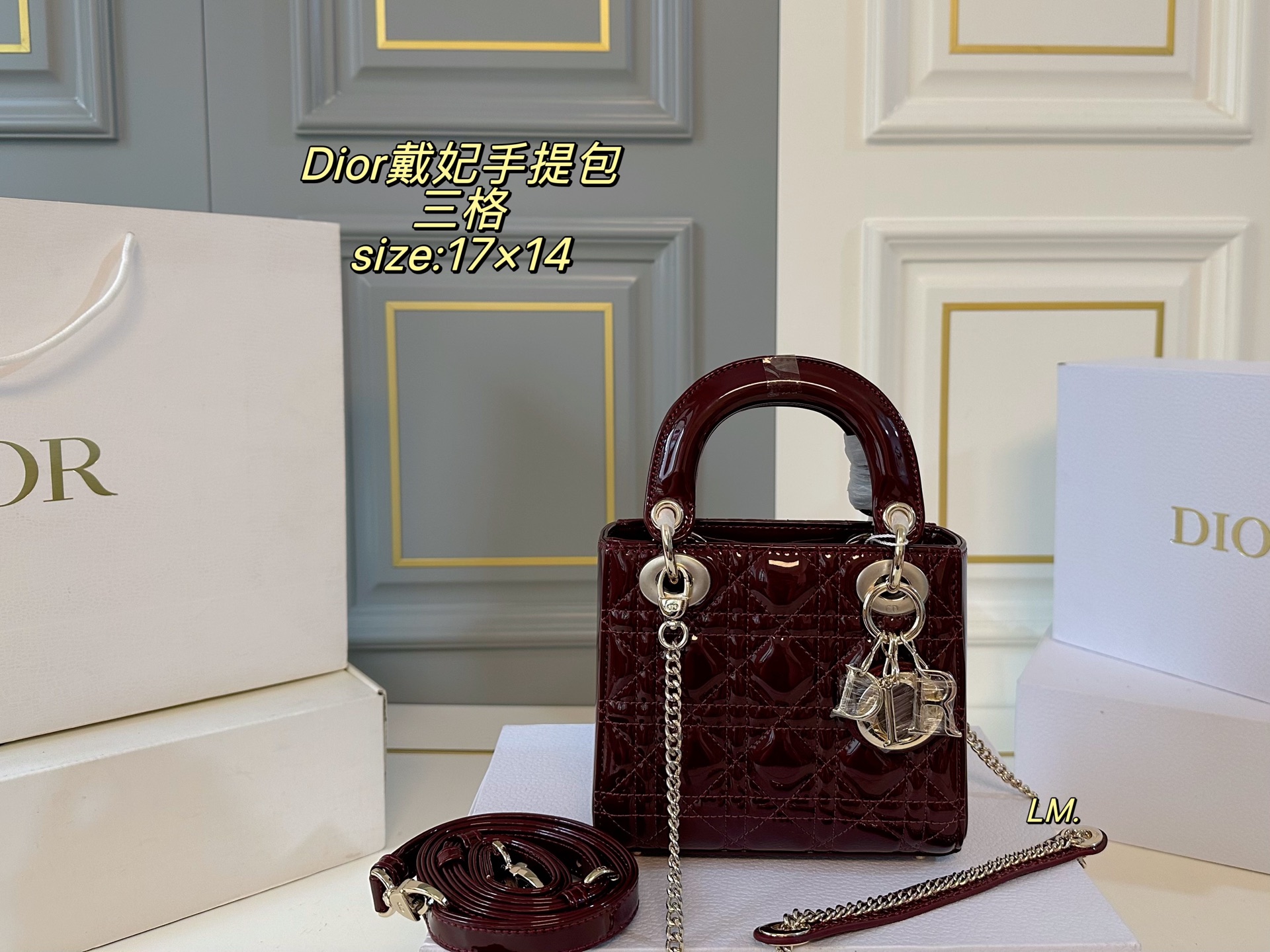 P195 三格（折叠盒）升级款

size：17×14
Lady Dior 迪奥戴妃漆皮手提包💕
以藤格纹缉面线打造醒目的绗缝细节，
时髦典雅的设计经久不衰！
斜挎帅气大方，手提精致优雅！
自带氛围感，时尚百搭yyds🖤