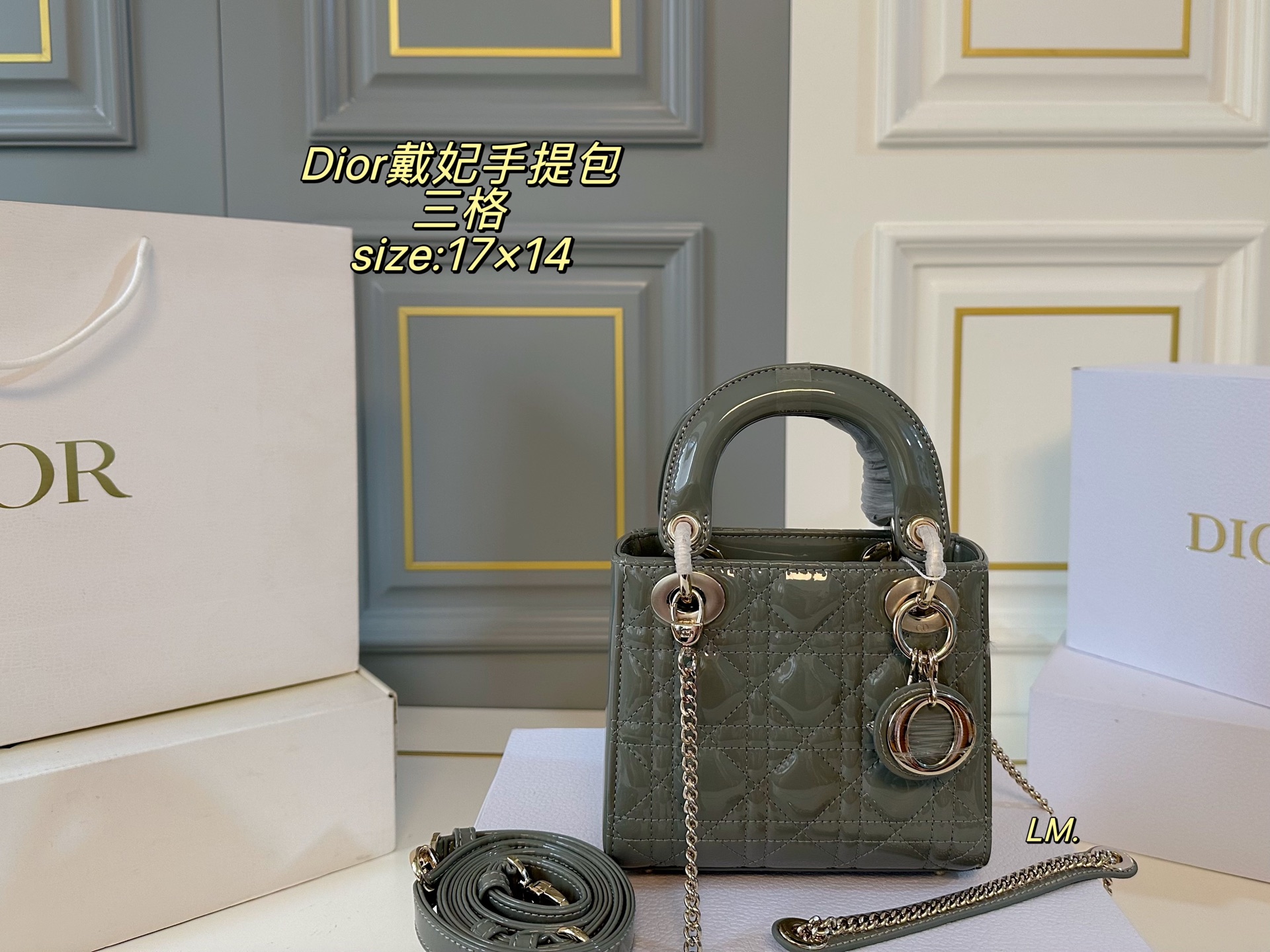 P195 三格（折叠盒）升级款

size：17×14
Lady Dior 迪奥戴妃漆皮手提包💕
以藤格纹缉面线打造醒目的绗缝细节，
时髦典雅的设计经久不衰！
斜挎帅气大方，手提精致优雅！
自带氛围感，时尚百搭yyds🖤