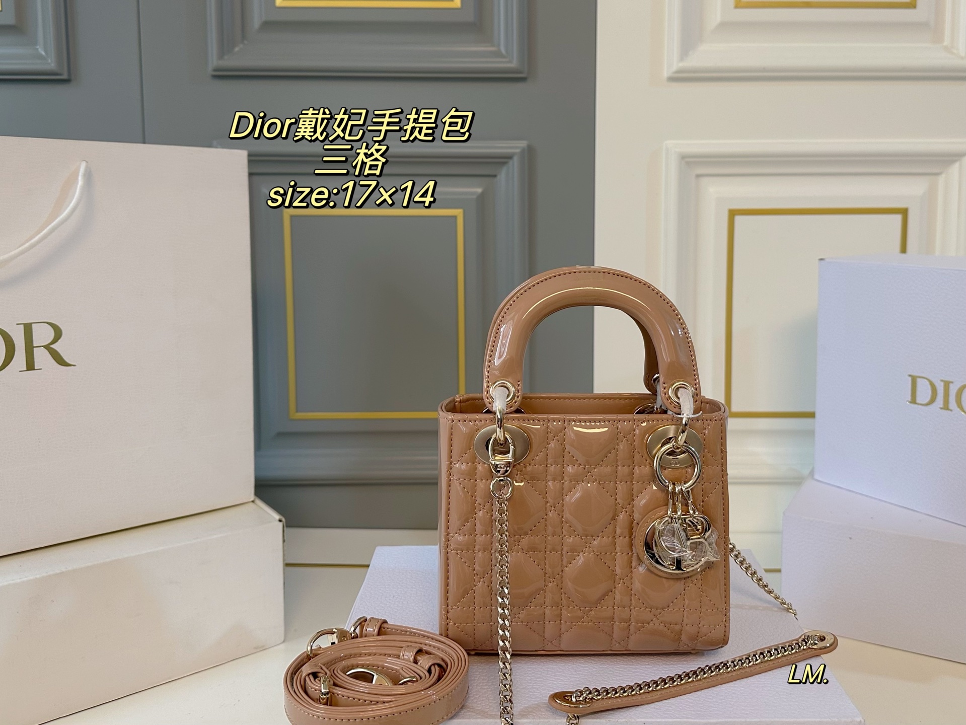 P195 三格（折叠盒）升级款

size：17×14
Lady Dior 迪奥戴妃漆皮手提包💕
以藤格纹缉面线打造醒目的绗缝细节，
时髦典雅的设计经久不衰！
斜挎帅气大方，手提精致优雅！
自带氛围感，时尚百搭yyds🖤