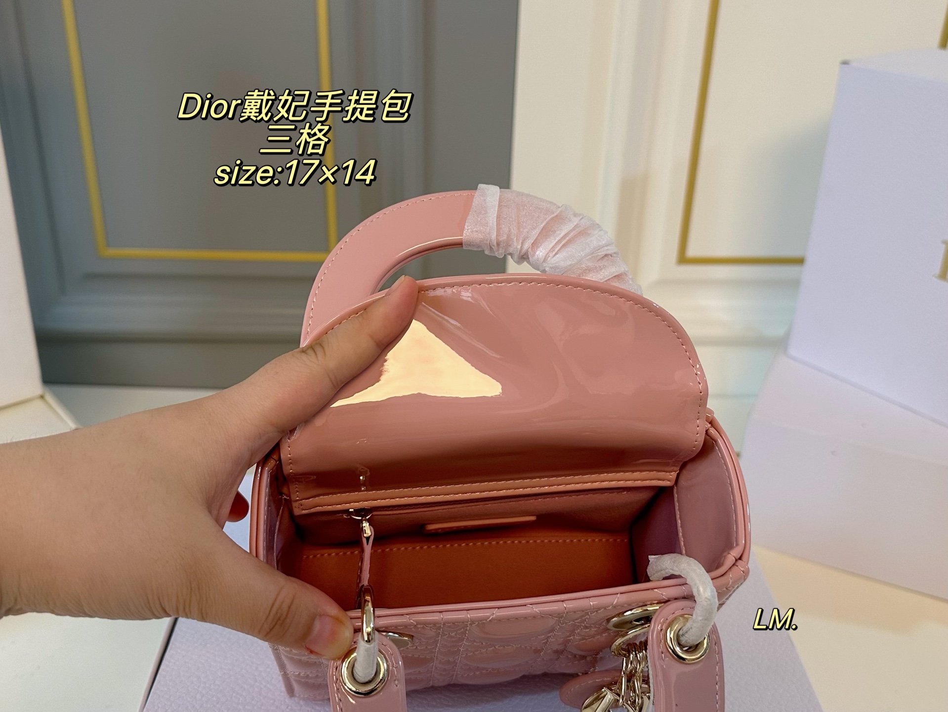 P195 三格（折叠盒）升级款

size：17×14
Lady Dior 迪奥戴妃漆皮手提包💕
以藤格纹缉面线打造醒目的绗缝细节，
时髦典雅的设计经久不衰！
斜挎帅气大方，手提精致优雅！
自带氛围感，时尚百搭yyds🖤