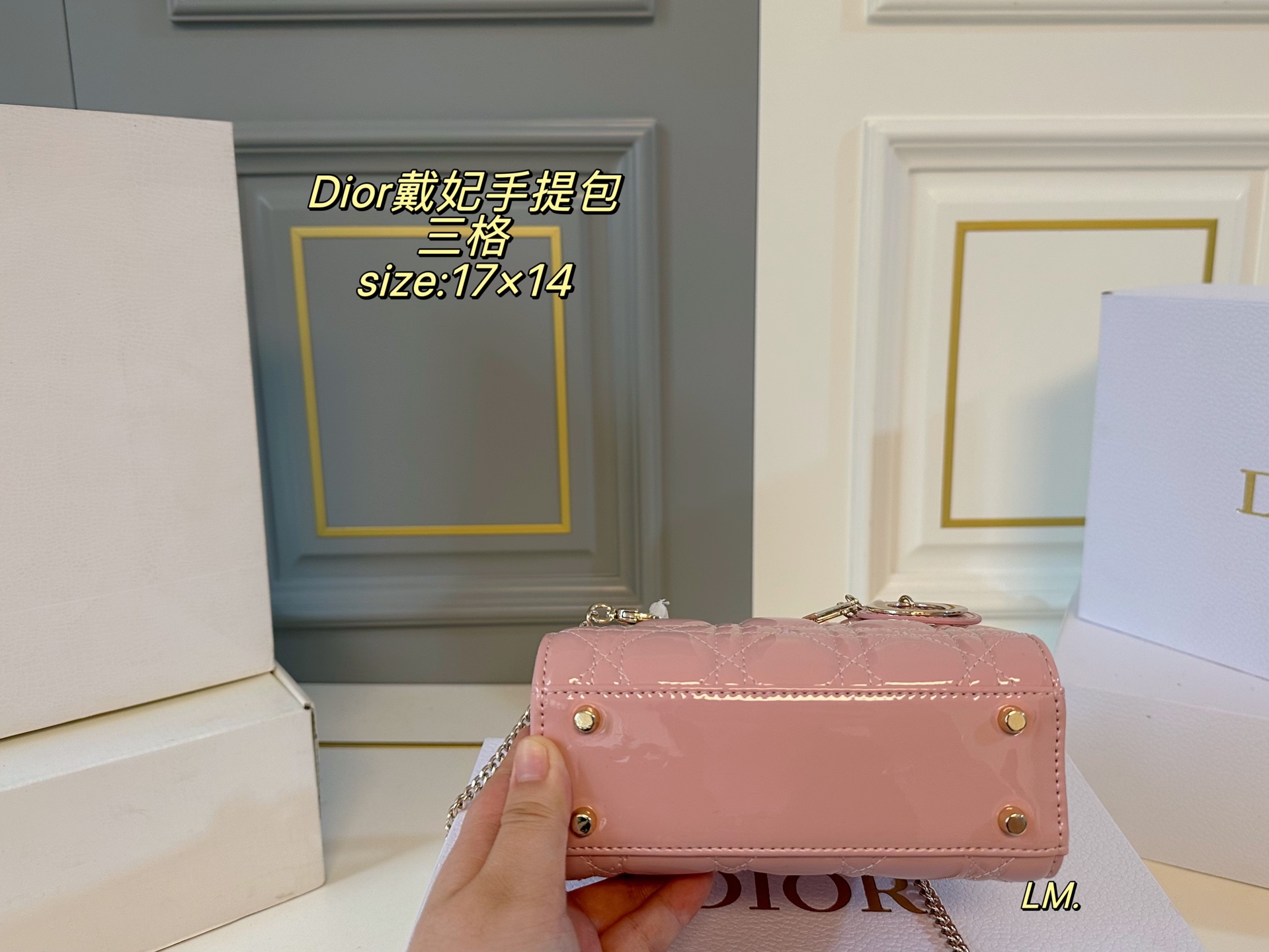P195 三格（折叠盒）升级款

size：17×14
Lady Dior 迪奥戴妃漆皮手提包💕
以藤格纹缉面线打造醒目的绗缝细节，
时髦典雅的设计经久不衰！
斜挎帅气大方，手提精致优雅！
自带氛围感，时尚百搭yyds🖤