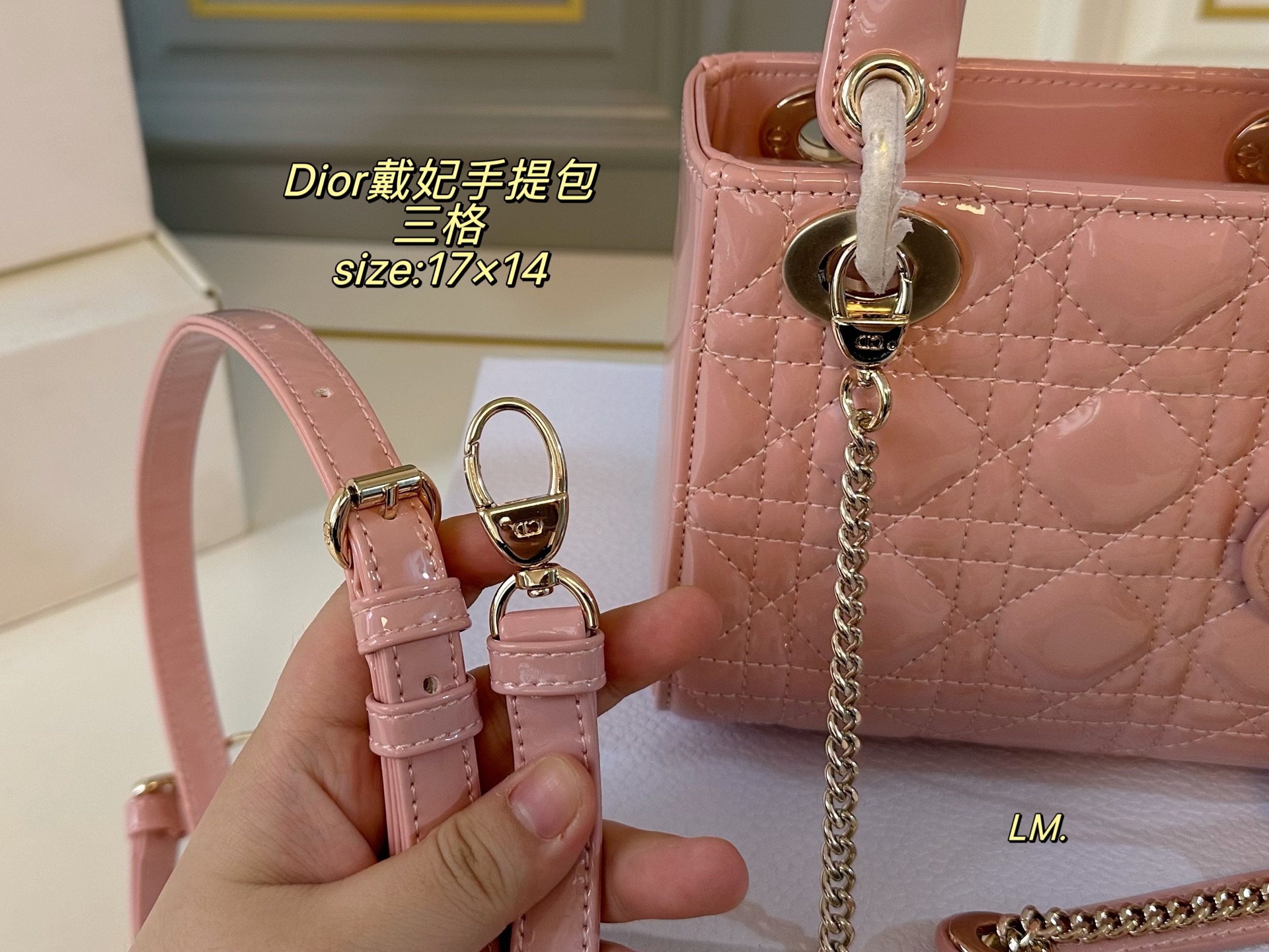 P195 三格（折叠盒）升级款

size：17×14
Lady Dior 迪奥戴妃漆皮手提包💕
以藤格纹缉面线打造醒目的绗缝细节，
时髦典雅的设计经久不衰！
斜挎帅气大方，手提精致优雅！
自带氛围感，时尚百搭yyds🖤