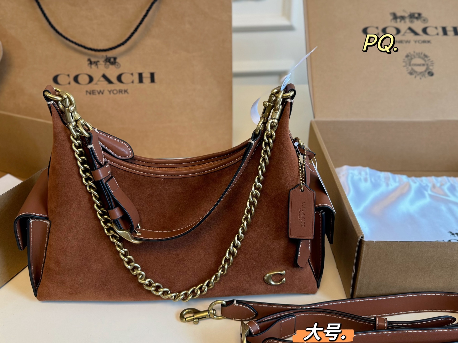 Grande (caja de avión) tamaño: 32×16 COACH Coach gamuza Juliet cadena bolso de hombro 💕 diseño de doble correa, múltip…