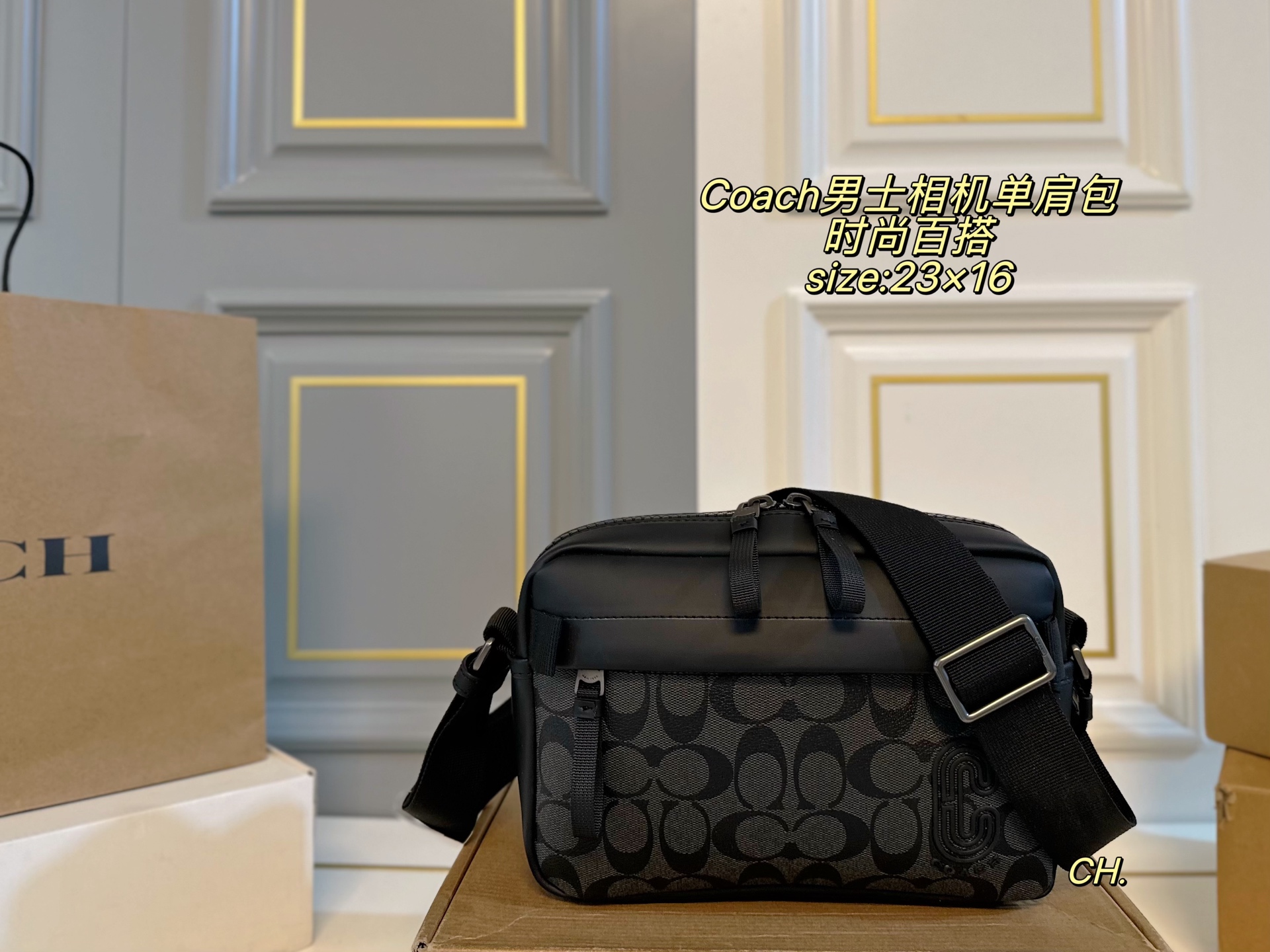 (Caja plegable) tamaño: 23×16 Coach 蔻驰 bolso bandolera de hombre estilo cámara💕 Forma cuadrada y correa ancha ajustabl…