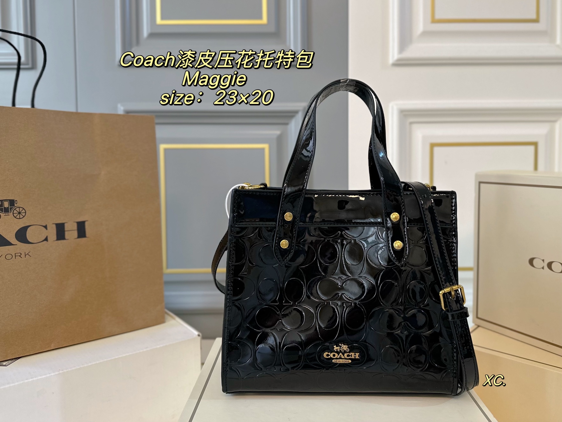 (Caja plegable) tamaño: 23×20 COACH 蔻驰 bolso tote Maggie de charol con grabado❤️ Material ligero y duradero, de alta ca…