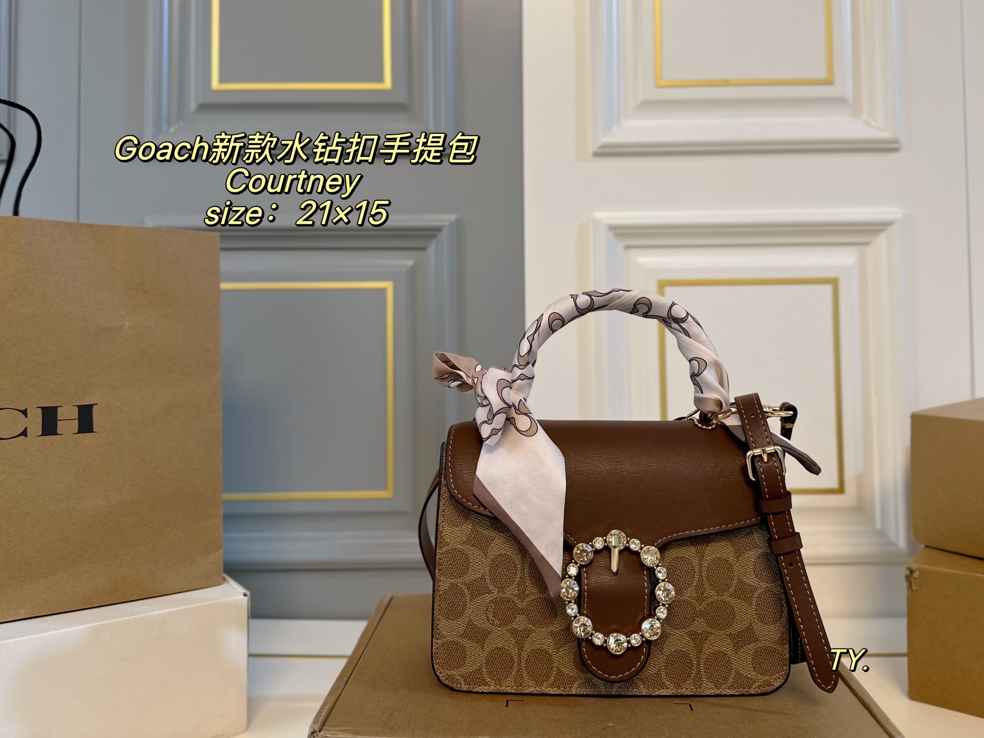 (Caja de avión + pañuelo) Tamaño: 21×15 Nuevo bolso de mano cuadrado con hebilla de cristal Courtney de COACH蔻驰❤️ Edici…