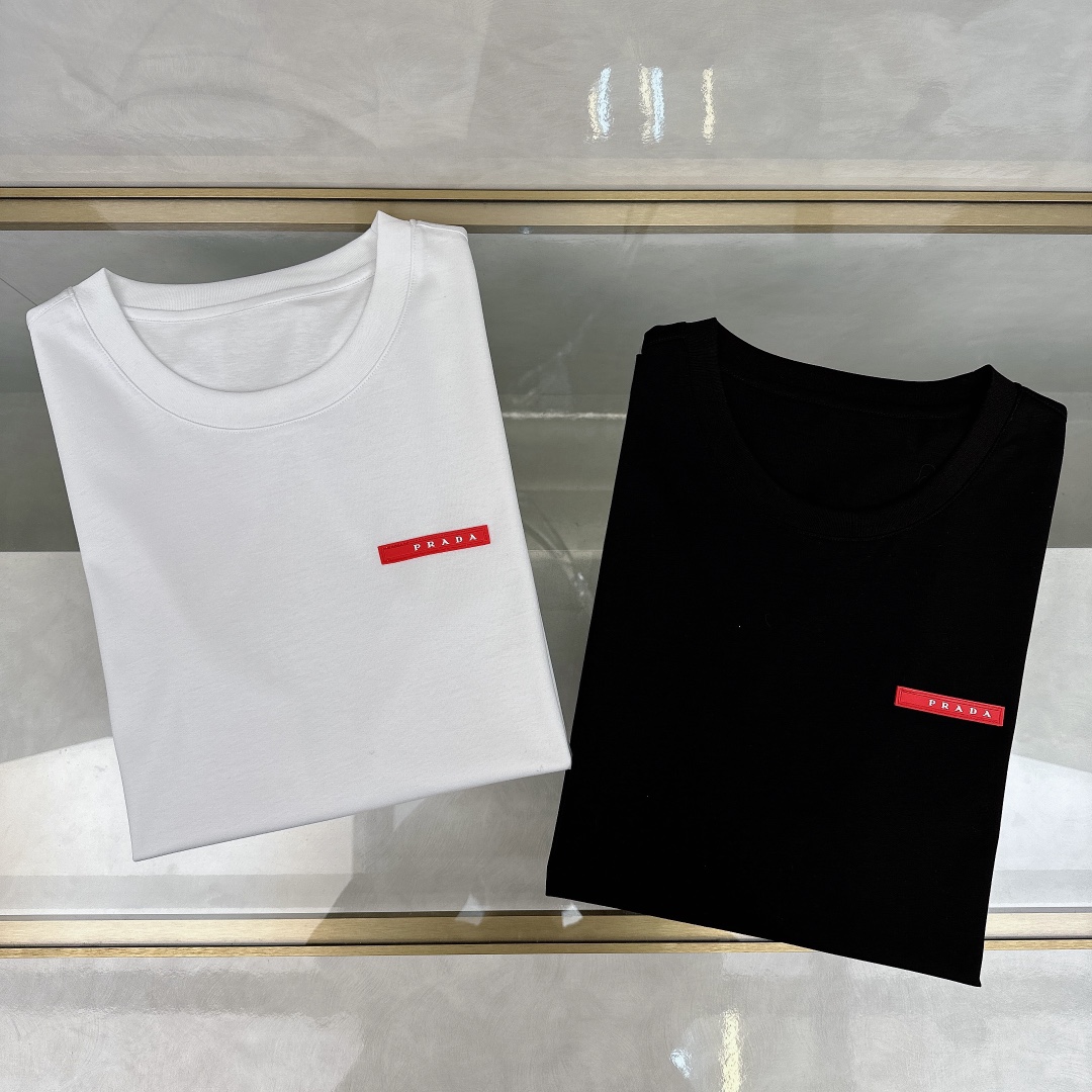 Prada Clothing T-Shirt Black Red White Unisex Cotton Silica Gel Spring/Summer Collection Fashion Short Sleeve