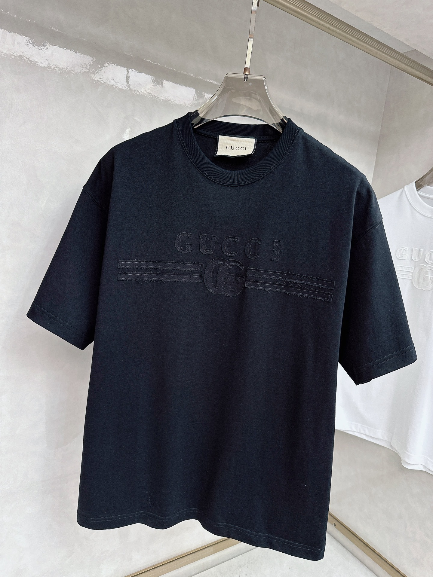 古奇 25SS春夏新款进口双纱棉布基础圆领短Tee,男女同款后背logo徽标发泡印花装饰休闲短袖T恤衫