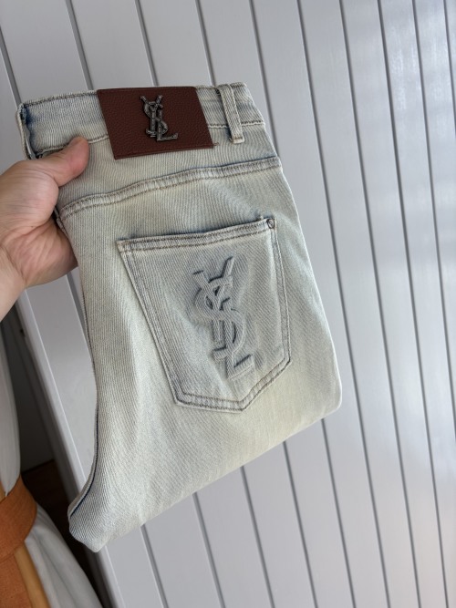 Saint Laurent Men's Light Wash Denim Jeans with Embroidered Logo 1 Saint Laurent Men's Light Wash Denim Jeans with Embroidered Logo