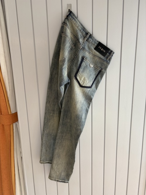 Prada Distressed Wash Denim Jeans with Embroidered Logo - Stylish and Durable 1 Prada Distressed Wash Denim Jeans with Embroidered Logo - Stylish and Durable