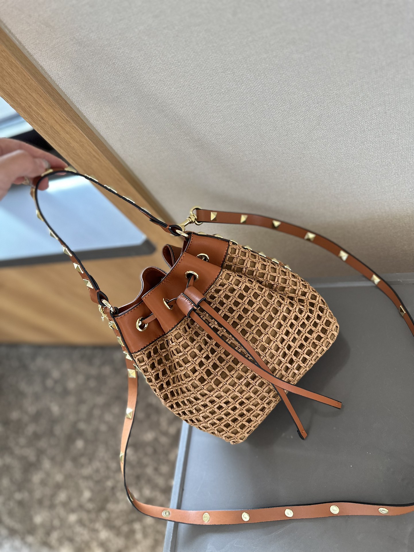 Valentino Bucket Bags All Copper Straw Woven