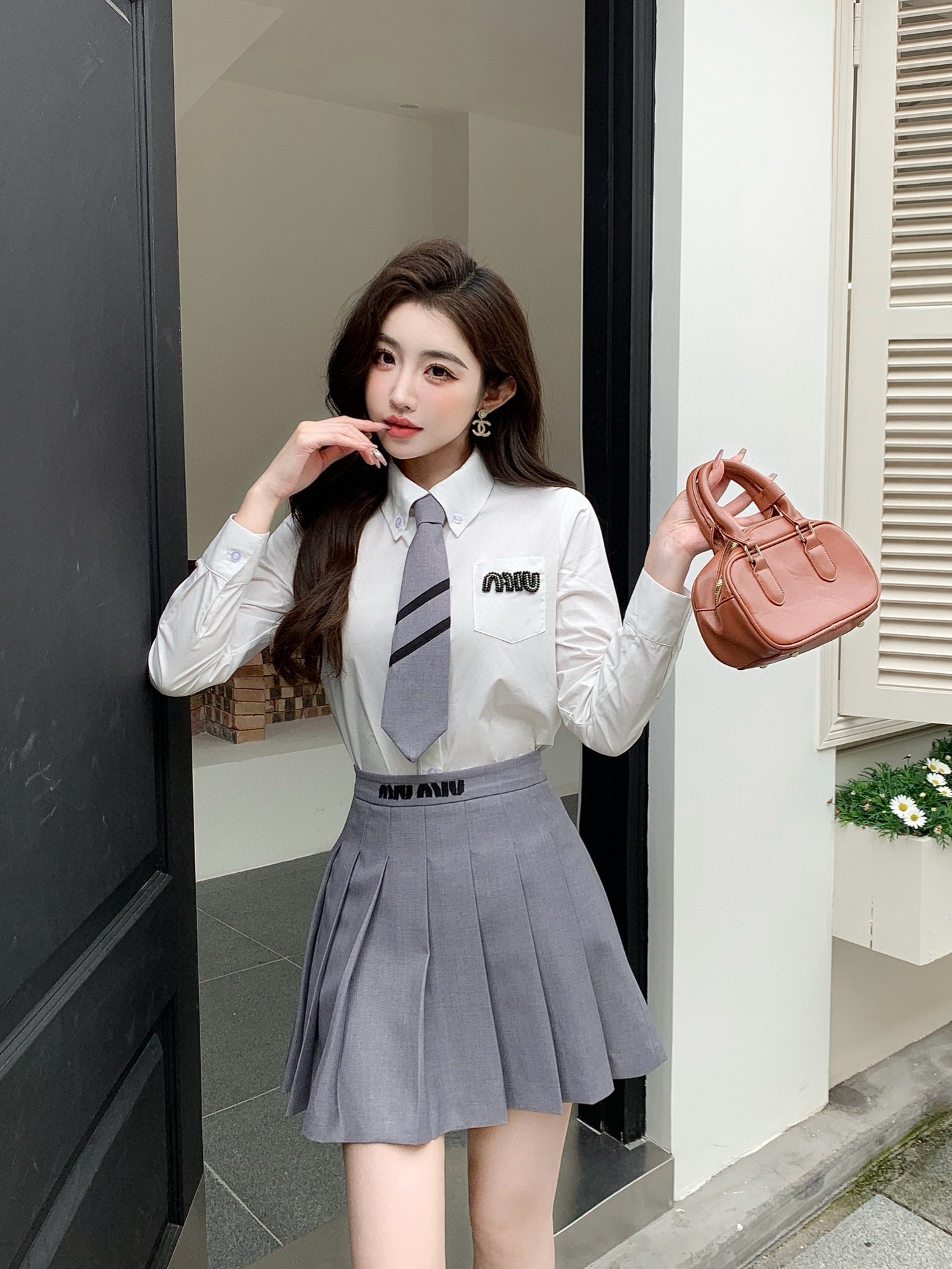 Miu Miu Women's Cotton Shirt and Pleated Skirt Set with Tie - Elegant Design 3 i1741956170908 4212 0 2
