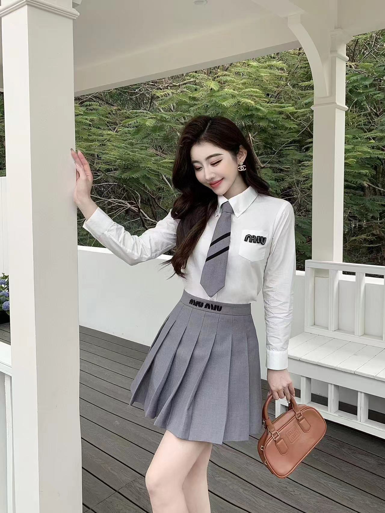 Miu Miu Women's Cotton Shirt and Pleated Skirt Set with Tie - Elegant Design 9 i1741956171418 4354 0 8