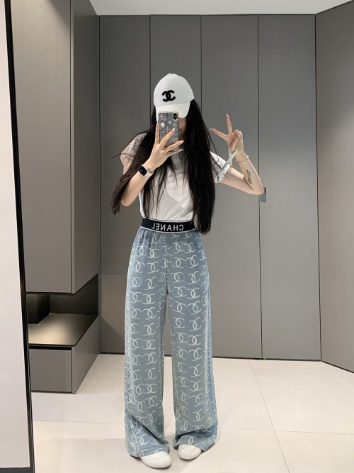 Chanel Women's Blue Denim Trousers Logo Print Jeans Pants, S/M/L Size 1 Chanel Women's Blue Denim Trousers Logo Print Jeans Pants, S/M/L Size