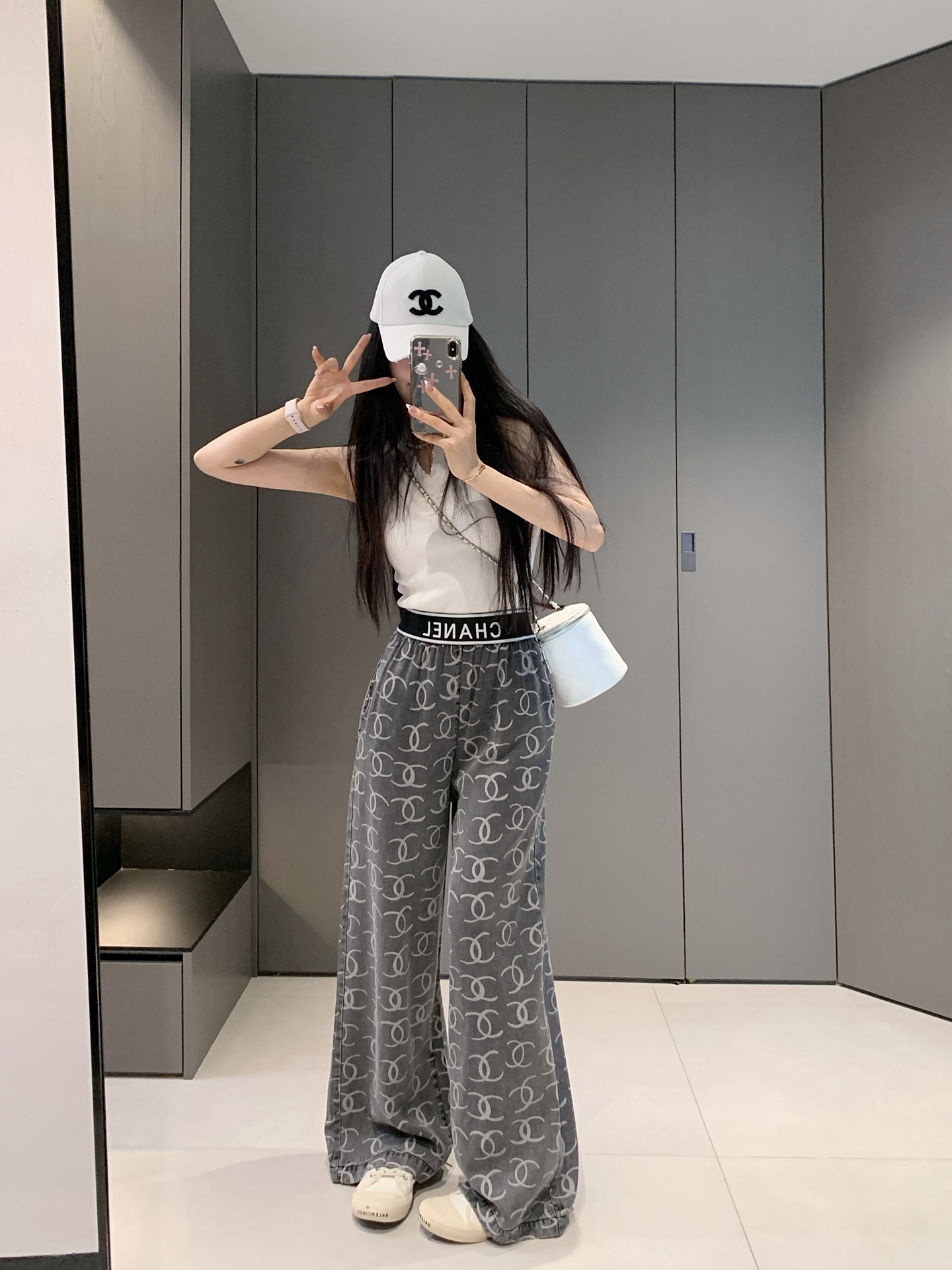 Chanel Women's Logo Print Wide Leg Jeans High Waist Casual Trousers