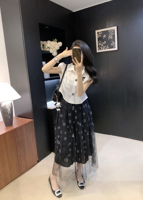 Chanel Inspired Floral Blouse with Logo Mesh Skirt - Chic 2-Piece Set 1 Chanel Inspired Floral Blouse with Logo Mesh Skirt - Chic 2-Piece Set
