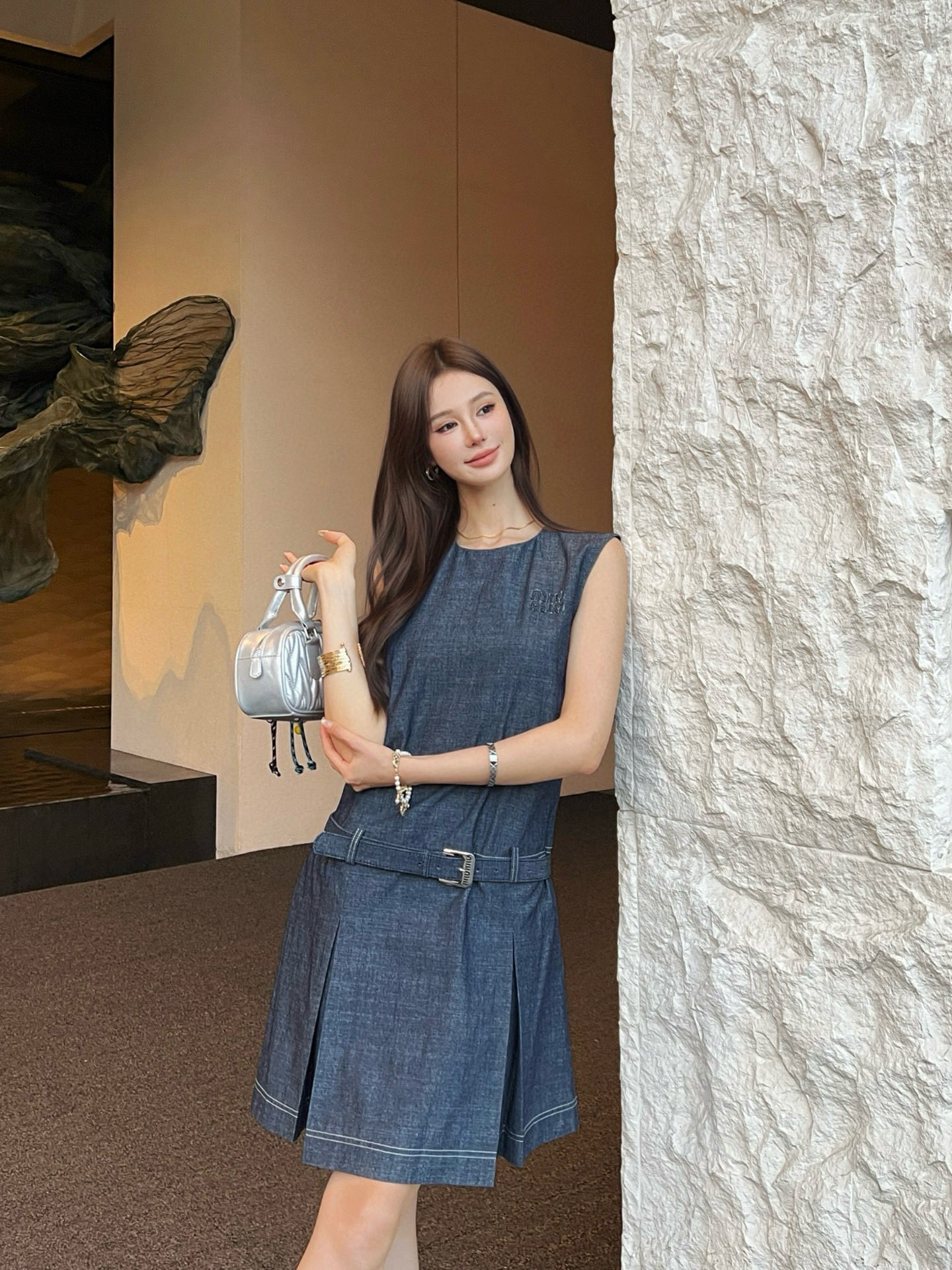 Miu Miu Style Denim Mini Dress with Belt - Sleeveless, Pleated Skirt