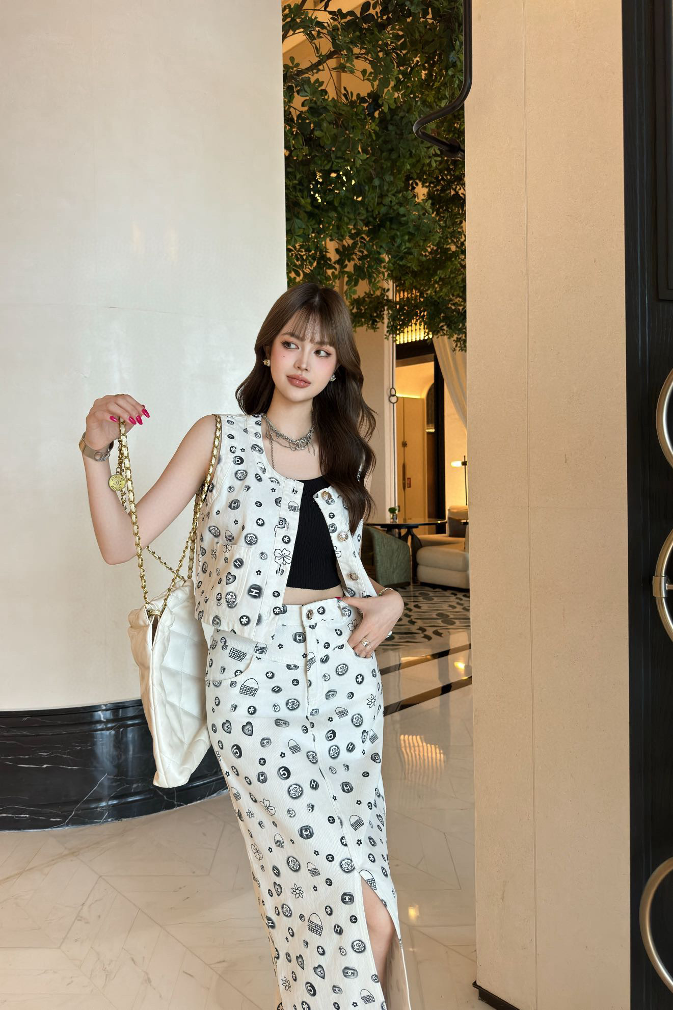 Chanel-Style Printed Denim Vest and Skirt Set - Timeless Elegance