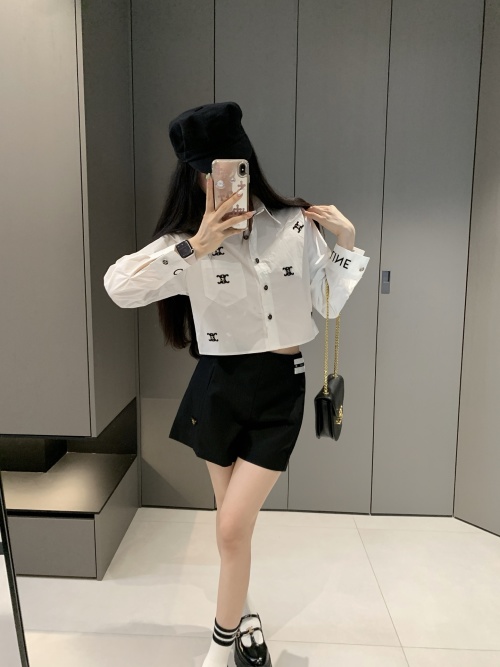 CELINE Women's Letter Embroidered Cropped Shirt - Spring/Summer Collection 1 CELINE Women's Letter Embroidered Cropped Shirt - Spring/Summer Collection