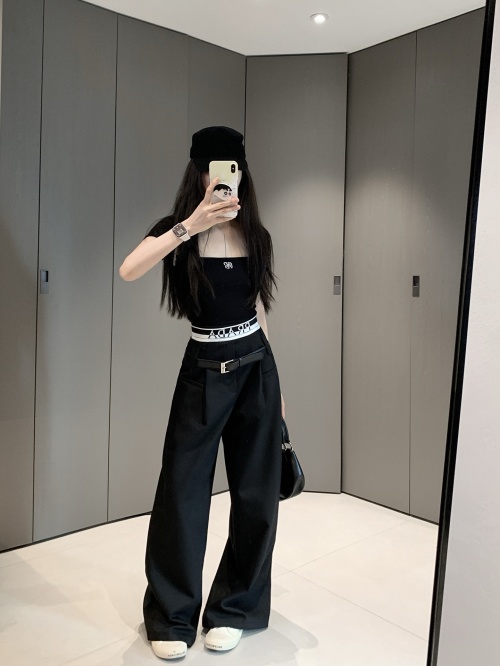 PRADA Women's High Waist Wide Leg Dress Pants with Belt - Black 1 PRADA Women's High Waist Wide Leg Dress Pants with Belt - Black