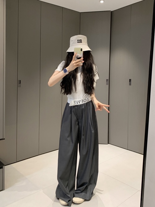 Loewe Women's Wide Leg Trousers with Contrasting Logo Waistband, Grey 1 Loewe Women's Wide Leg Trousers with Contrasting Logo Waistband, Grey
