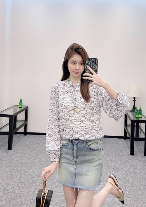 Celine Printed Silk Blouse, Long Sleeve Top with Drawstring Detail 8 Celine Printed Silk Blouse, Long Sleeve Top with Drawstring Detail