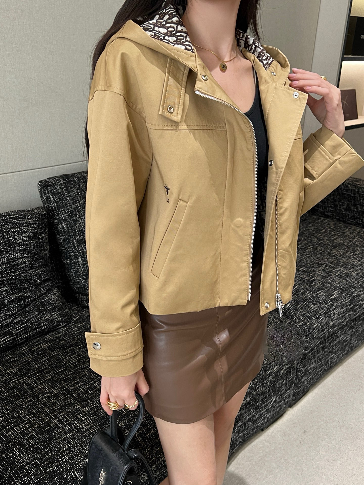 Classic Monogram-Lined Hooded Short Jacket with Bee Embroidery - S, M, L 5 i1757606095029 1581 0 4