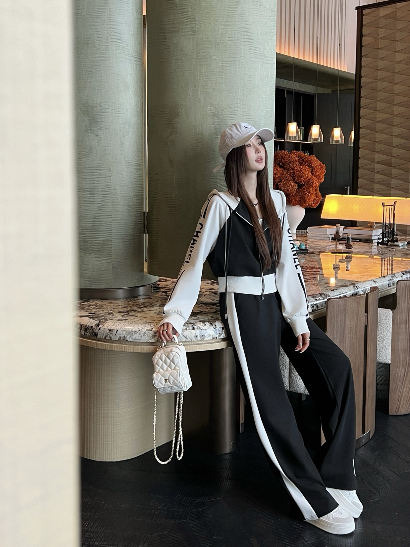 Chanel Women's Black & White Two-Piece Tracksuit Set, S-L Size, Street Style