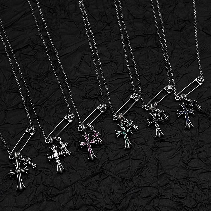 NO:105281,Retro old pin double cross pendant necklace men and women American Croxin style niche hip-hop clavicle chain, jewelry boutique, chrome hearts, necklace19860909复古做旧别针双十字架吊坠项链男女美式克罗心风格小众嘻哈锁骨链,饰品精品,chrome hearts,necklace,Jewelry
