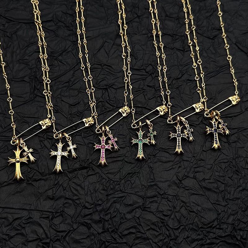 NO:105287,Golden twist pin double cross necklace for men and women European and American Croxin style niche temperament clavicle chain, jewelry boutique, chrome hearts, necklace19860909金色麻花别针双十字架项链男女欧美克罗心风格小众气质锁骨链,饰品精品,chrome hearts,necklace,Jewelry