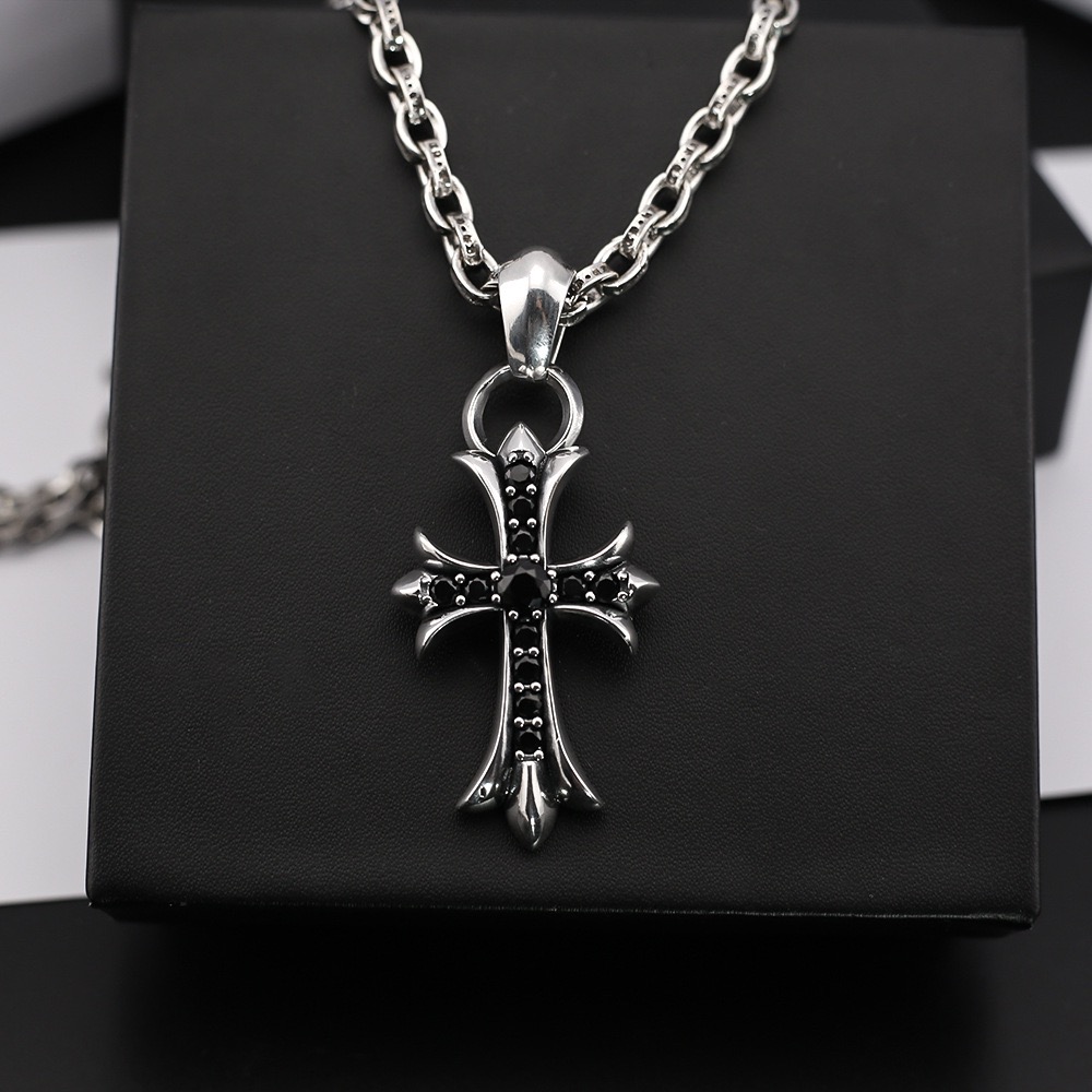 NO:108896,ch Crow retro black diamond cross heavy-work alphabet necklace punk men and women European and American style Thai silver necklace http, jewelry boutique, chrome hearts, necklace19860909ch克罗复古镶黑钻十字架重工字母项链朋克男女欧美风泰银项链http,饰品精品,chrome hearts,necklace,Jewelry
