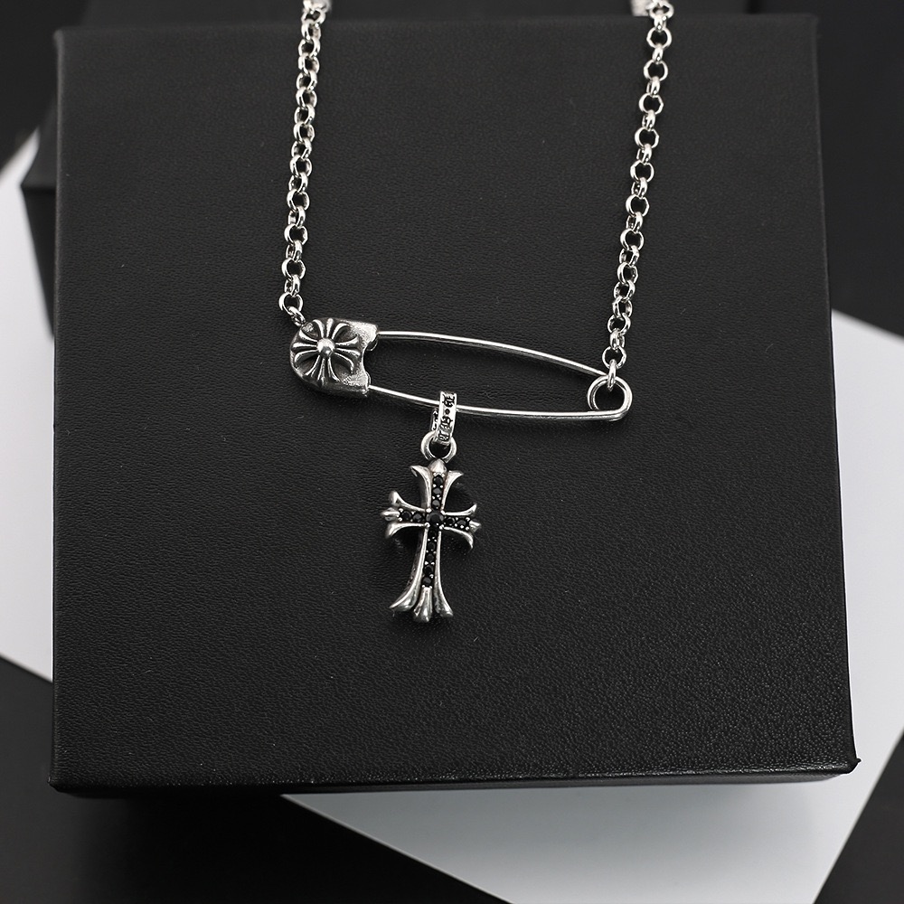 NO:108898,ch Crow retro diamond flame cross pin design necklace trendy men and women versatile Thai silver necklace, jewelry boutique, chrome hearts, necklace19860909ch克罗复古款镶钻火焰十字架别针设计项链潮人男女百搭泰银项链,饰品精品,chrome hearts,necklace,Jewelry