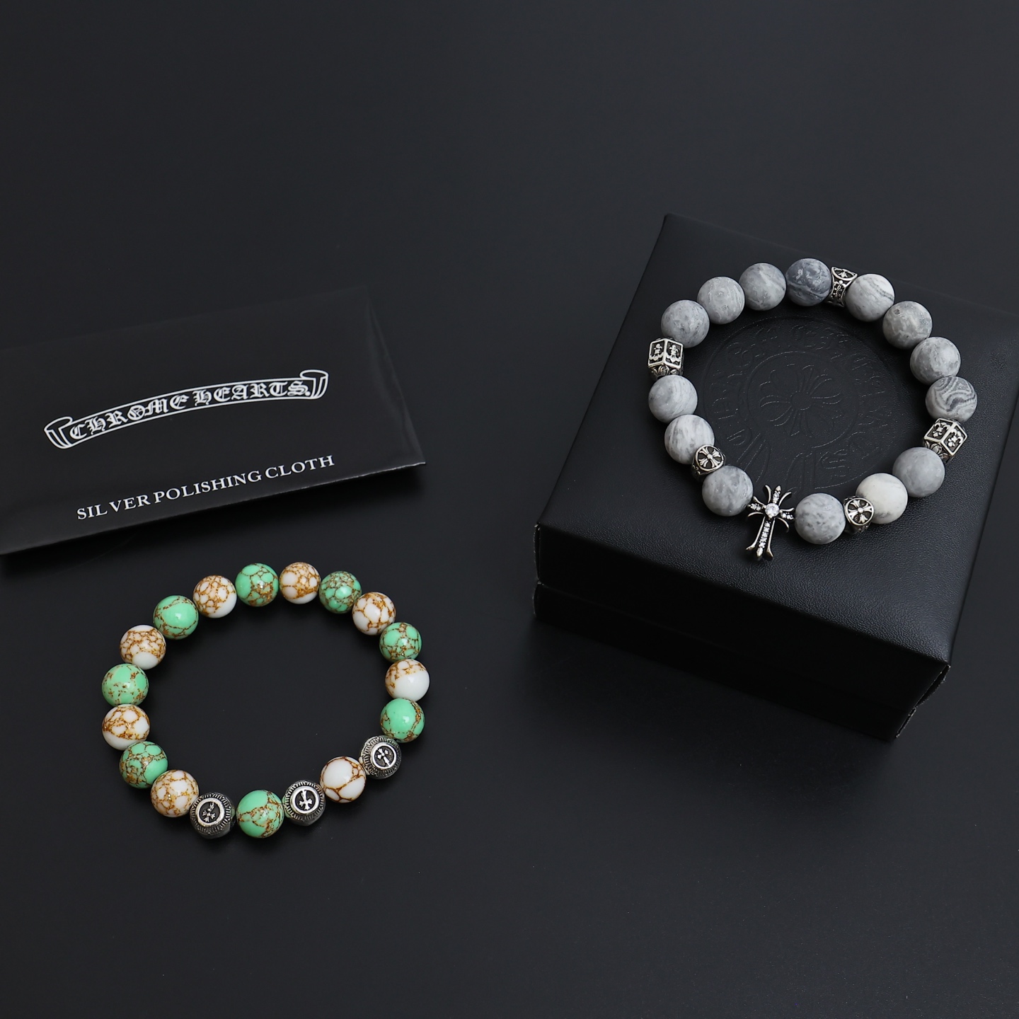 Chrome Hearts Beaded Cross Charm Bracelet bracelet Antique silver metal with green turquoise white matrix turquoise and grey map jasper stone beads 19cm