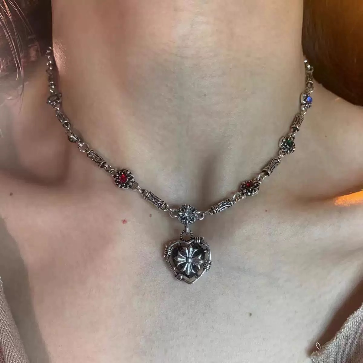 NO:380610,Jewelry punk style Croheart inlaid with diamonds and love eight-point star necklace for women creative design clavicle chain, jewelry boutique, chrome hearts, necklace19860909饰品朋克风克罗心镶钻爱心八芒星项链女创意设计感锁骨链,饰品精品,chrome hearts,necklace,Jewelry