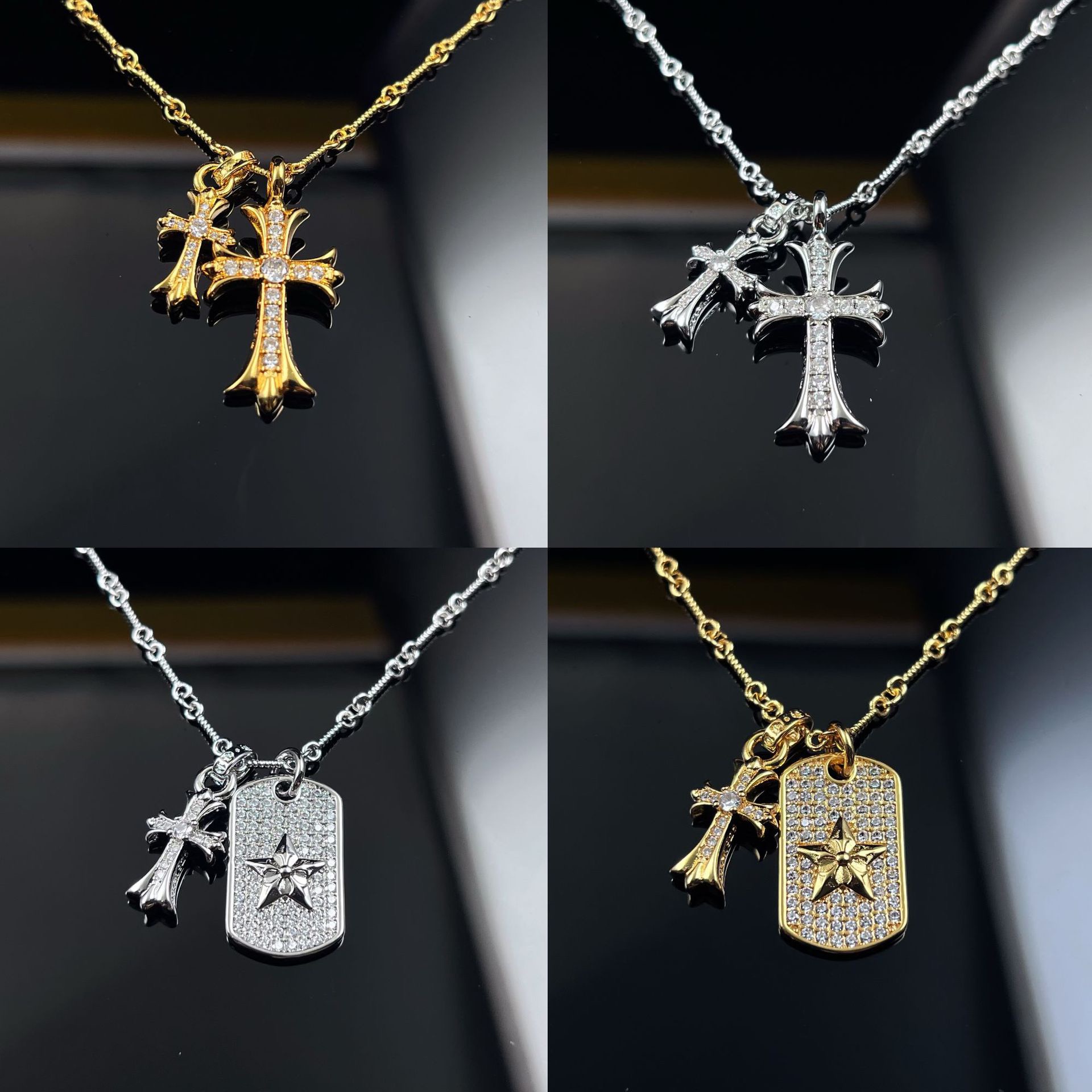 NO:380614,Croat Double Cross Necklace Double Pendant Full Diamond Star Cross Classic Clavicle Chain Men and Women, Elegant Jewelry, Chrome Hearts, Necklace19860909克罗伈双十字架项链双吊坠满钻星牌十字架经典款锁骨链男女同款,饰品精品,chrome hearts,necklace,Jewelry