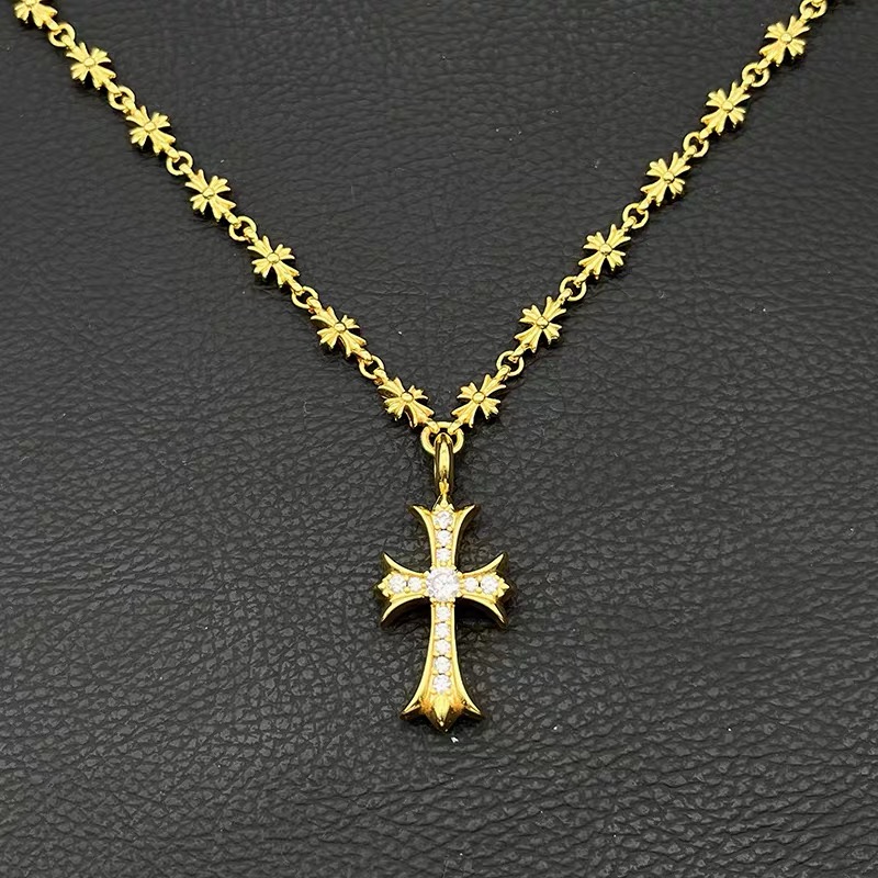 NO:575710,Decorating Qianxi 22K gold diamond cross necklace men's and women's cross flower chain classic one-piece chain men's domineering, jewelry boutique, necklace19860909饰仟禧22K金色镶钻十字架项链男女十字花链经典一体链男士霸气,饰品精品,necklace,Jewelry