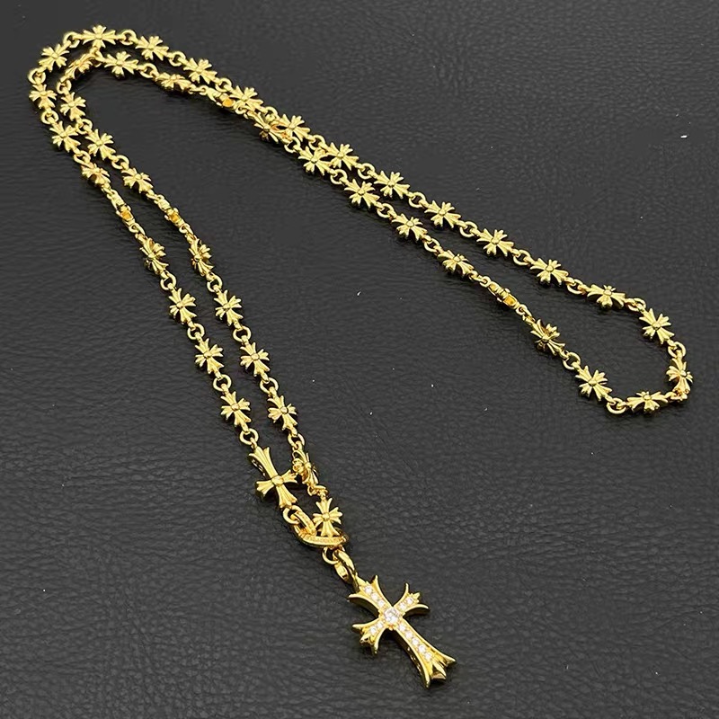 NO:583359,Decorating Qianxi's high-end light luxury European and American golden diamond-encrusted telescopic adjustable integrated necklace for men and women cross flower chain trendy brand, jewelry boutique, necklace19860909饰仟禧高级感轻奢欧美金色镶钻伸缩调节一体项链男女十字花链潮牌,饰品精品,necklace,Jewelry