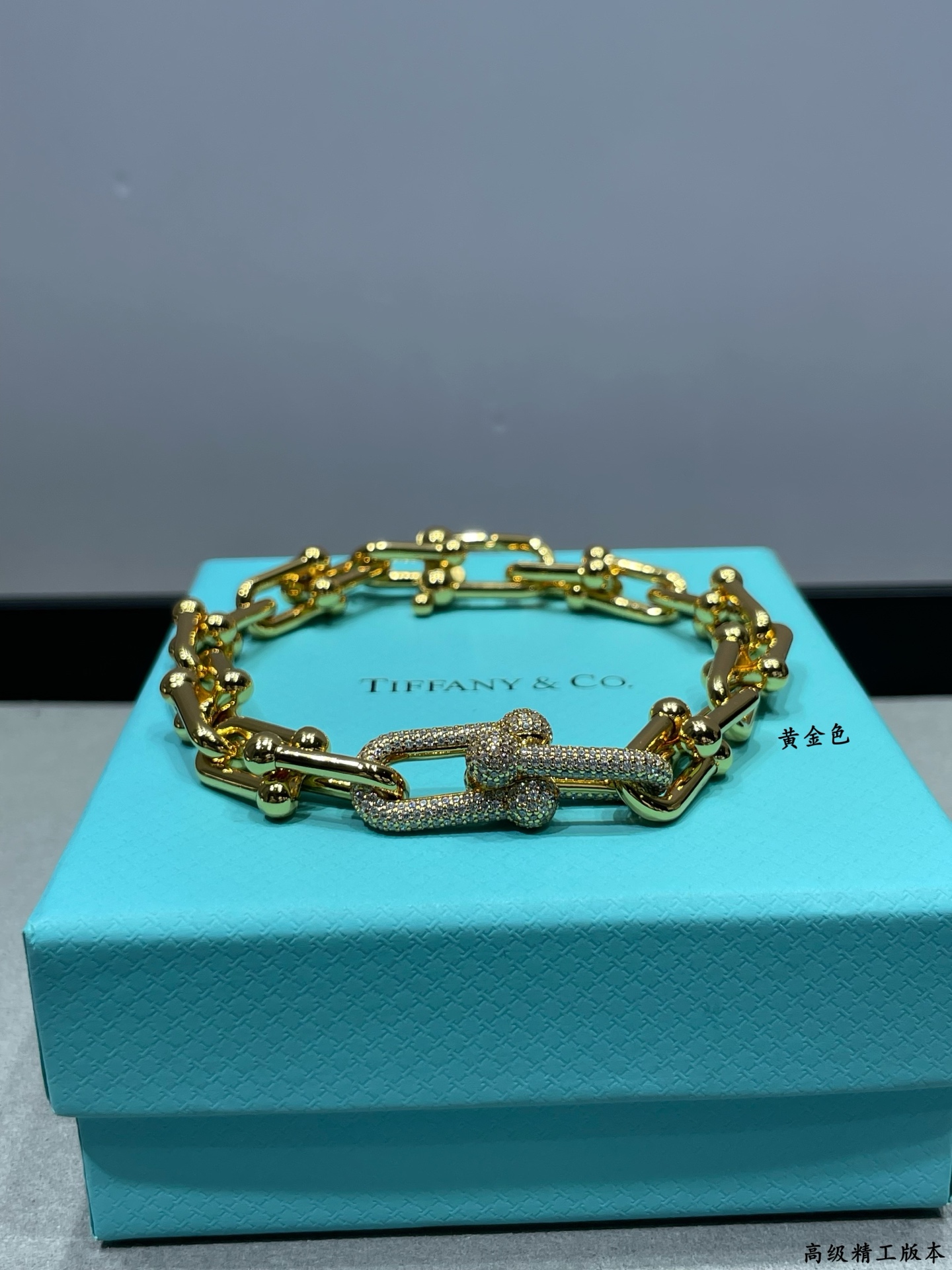p488 V金材质  Tiffany蒂芙尼马蹄扣带钻粗链条⛓️手链，光泽感强，是那种简单又能加分的项链没错了！日常通勤百搭，不挑人!每一个链环处的衔接设计得都很灵巧，粗链条交错环绕在一起，双环马蹄扣链环的设计不会有轻易撞款的尴尬。