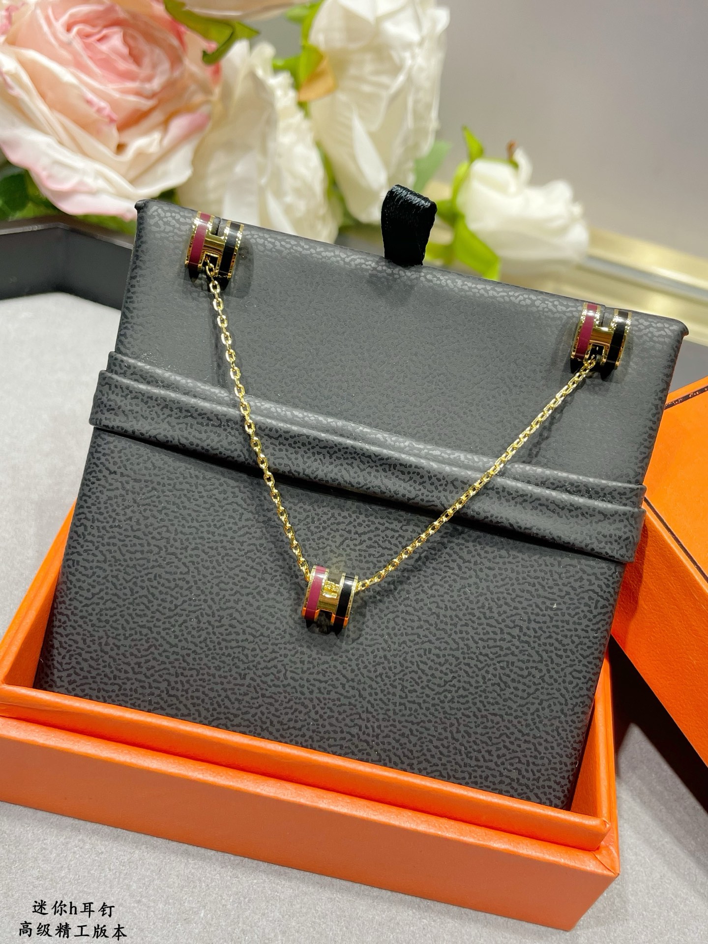 Hermes Mini Pop H earrings Gold-tone metal with burgundy and black enamel One Size