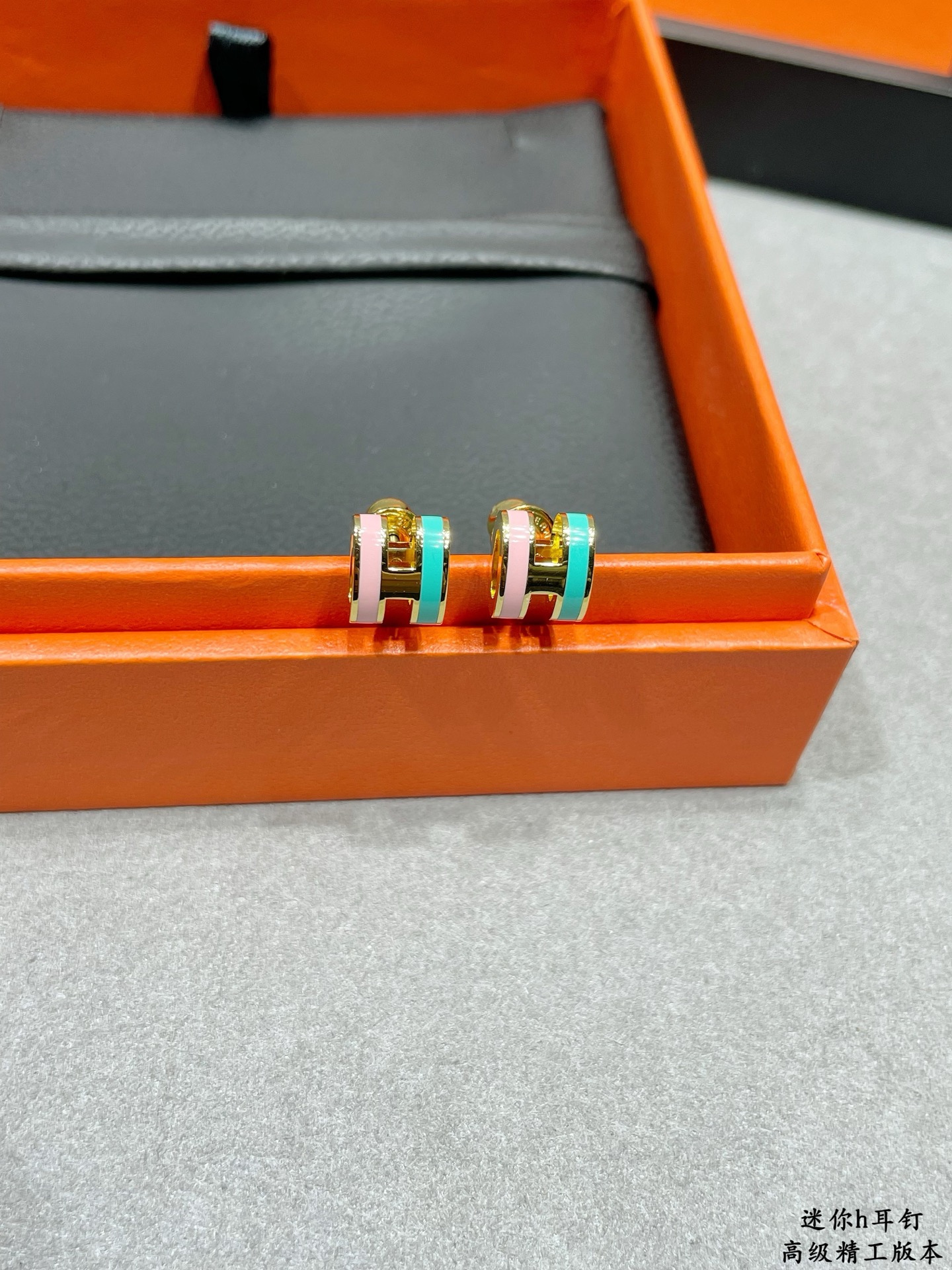 Hermes Mini Pop H earrings gold-tone metal with pastel pink and turquoise enamel mini stud