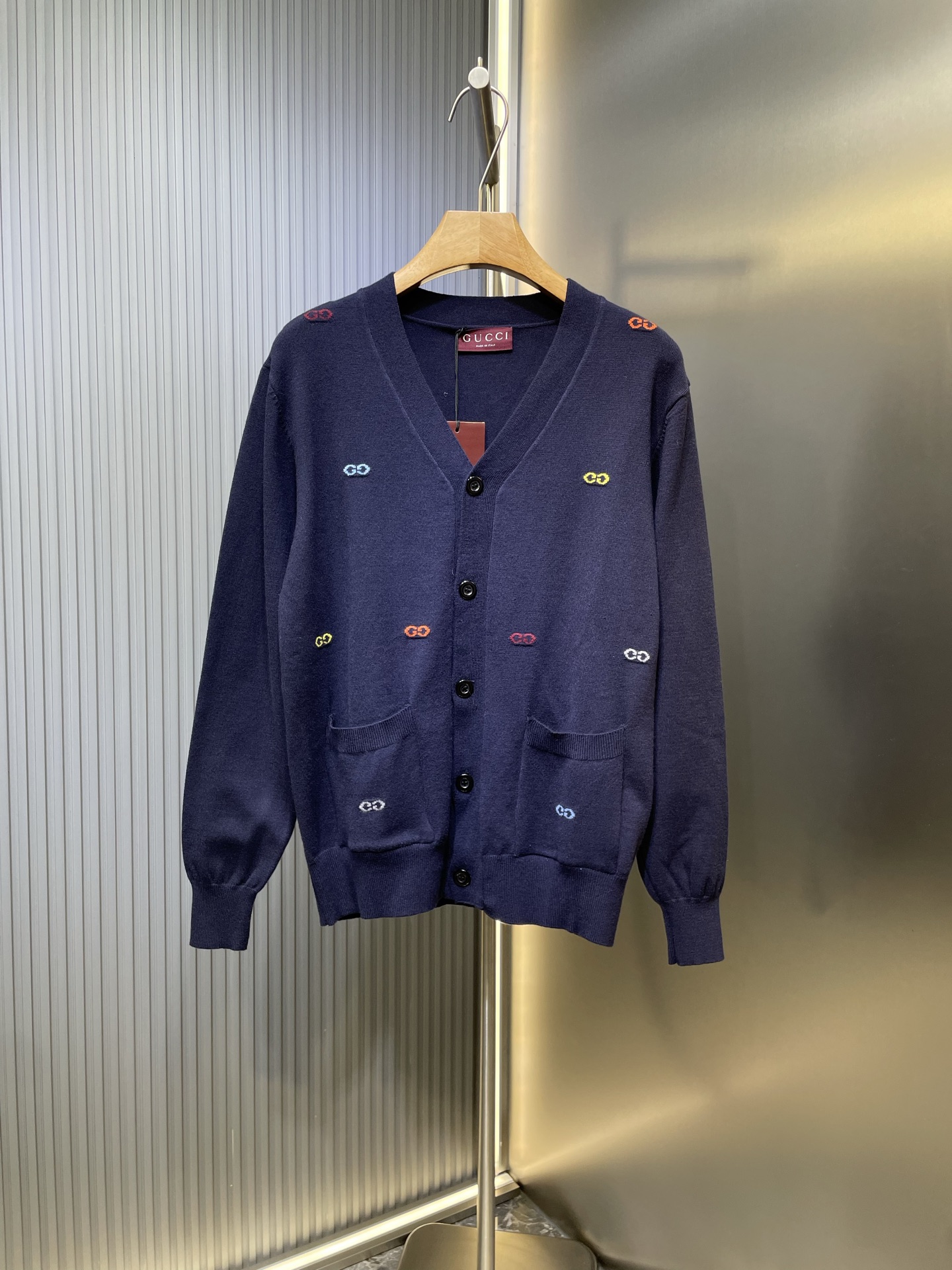 Gucci Navy Knitwear Wool Cardigan with Multicolor GG Logo Embroidery