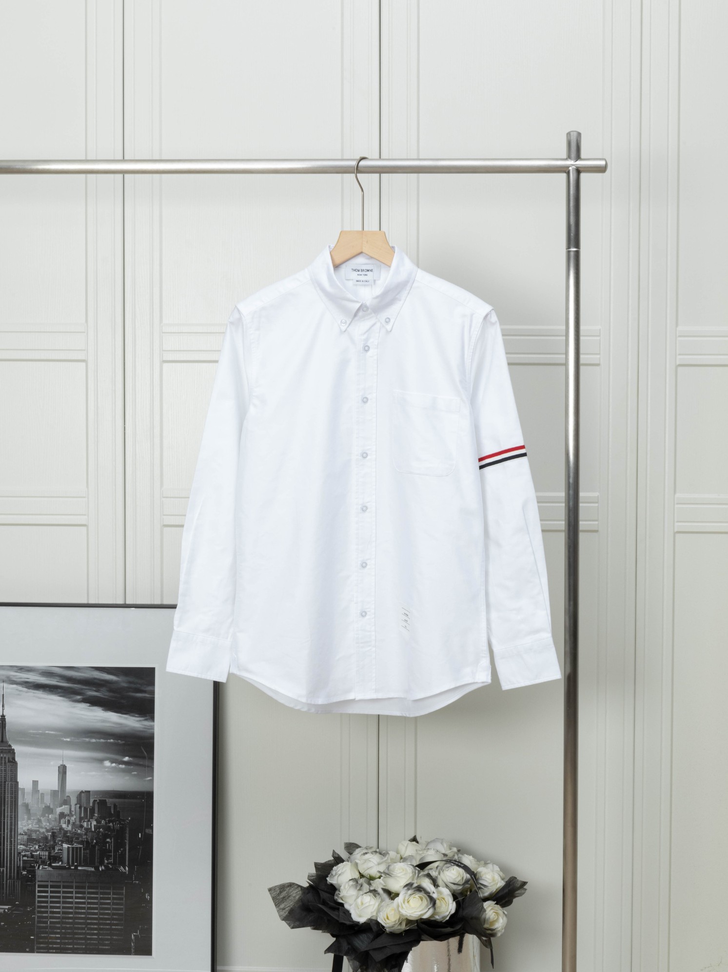 (TB camisa de manga única con cinta en stock) THOM BROWNE, sincronizado con la tienda oficial, camisa TB de manga única…