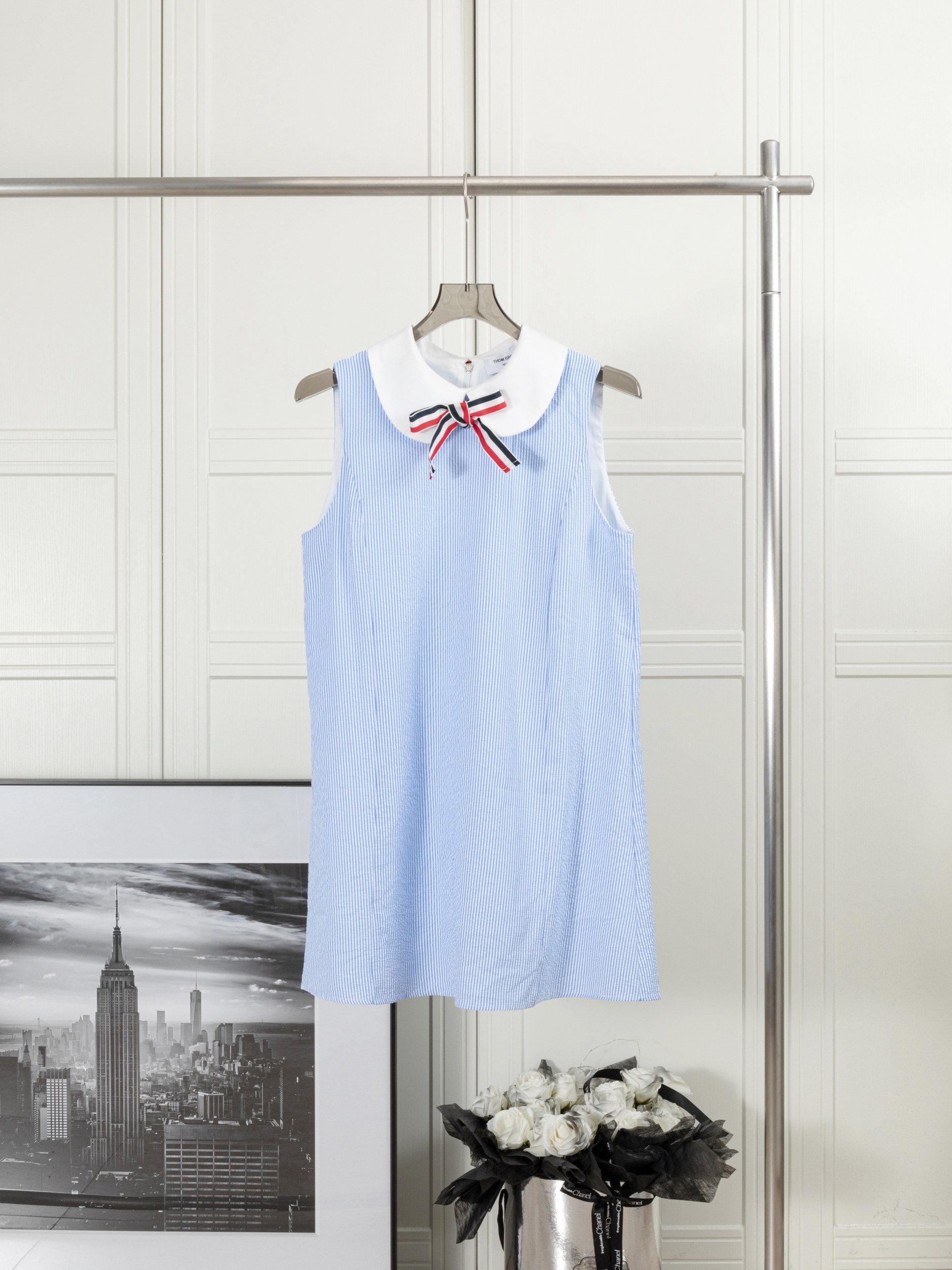 𝑻𝒉𝒐𝒎 𝑩𝒓𝒐𝒘𝒏𝒆田曦薇同款娃娃领连衣裙（女款） Thom Browne::田曦薇同款条纹娃娃领连衣裙 1:1 原版定制面料 辅料 颜色: 蓝白条纹 尺码：012 码