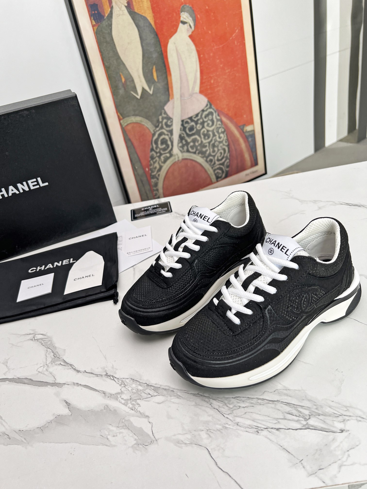 Chanel Shoes Sneakers Black Grey Red White Splicing Cowhide Spring Collection Casual