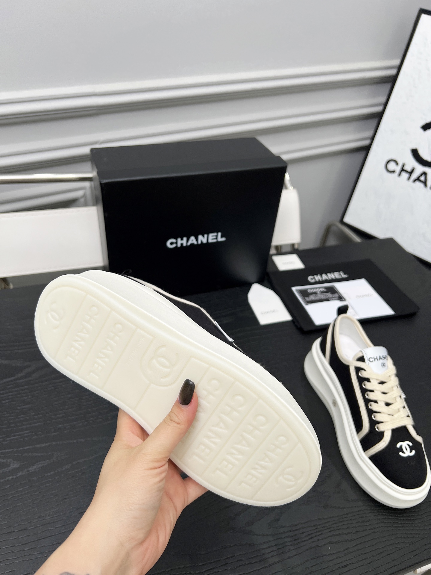 CHANEL 2025C Sneakers, Black and White, Lambskin Lining, TPU Sole 7 i1745481616349 9332 0 5