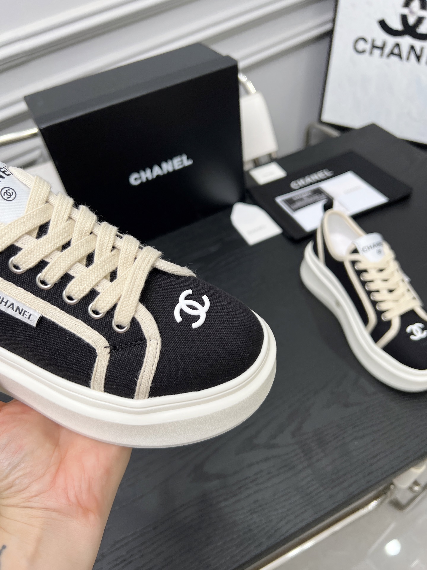 CHANEL 2025C Sneakers, Black and White, Lambskin Lining, TPU Sole 9 i1745481616394 8459 0 7