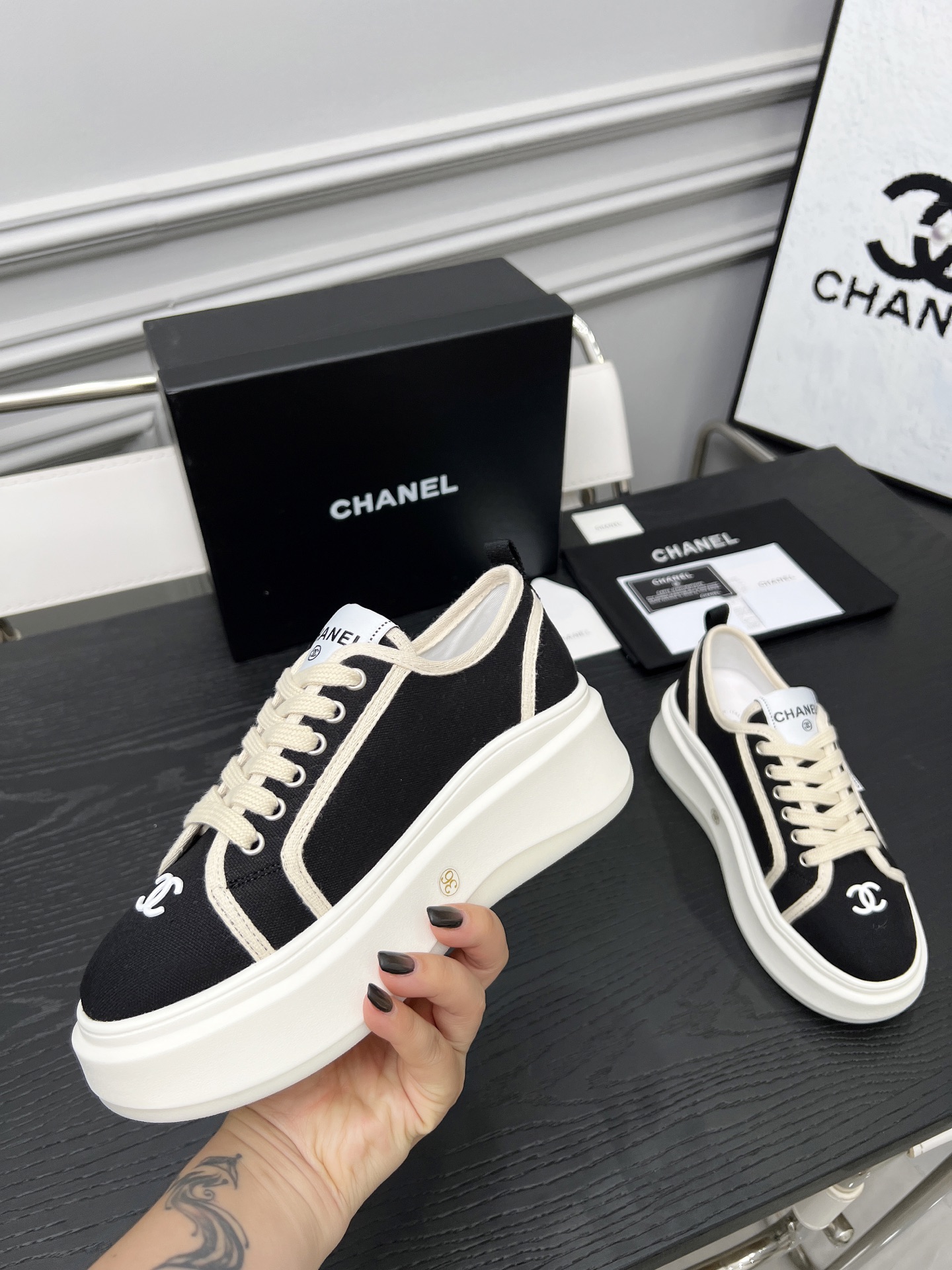 CHANEL 2025C Sneakers, Black and White, Lambskin Lining, TPU Sole 6 i1745481616435 8642 0 4