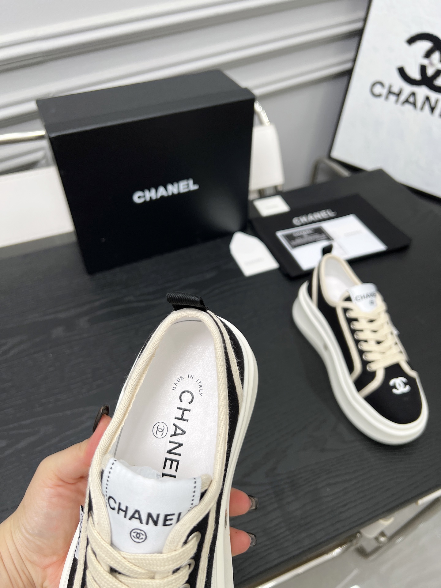 CHANEL 2025C Sneakers, Black and White, Lambskin Lining, TPU Sole 10 i1745481618558 5746 0 8